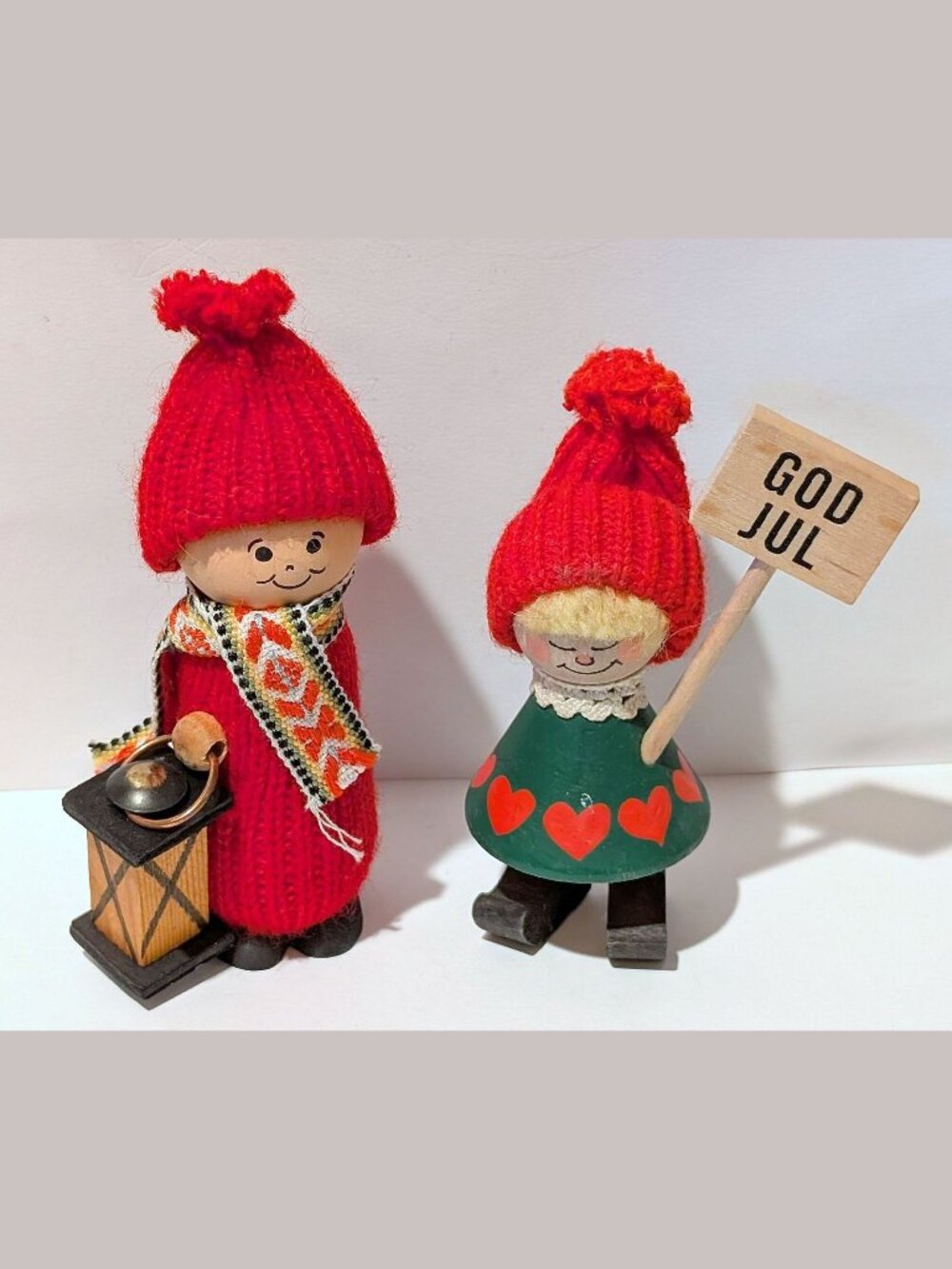 Ljungstroms of Sweden Wooden Boy Holding Lantern and Girl with GOD JUL Sign